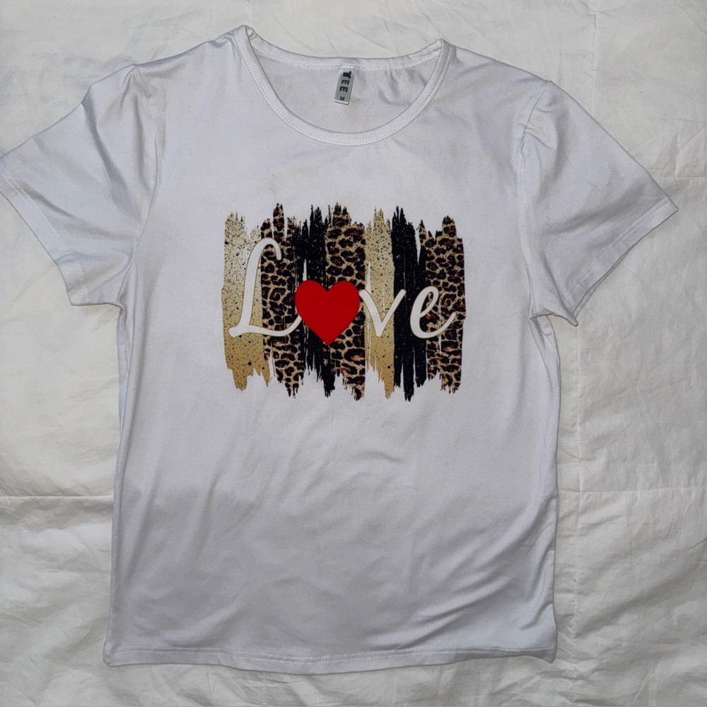 White Short Sleeve Top w/ “Love” Graphic Leopard Print And Red Heart